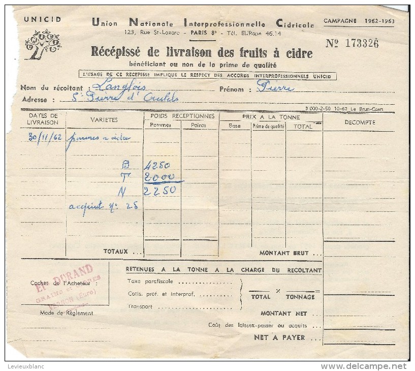 Récépissé De Livraison De Fruits à Cidre/Union Nationale Interprofessionnelle CidricoleParis:1962-63   FACT60 - Food