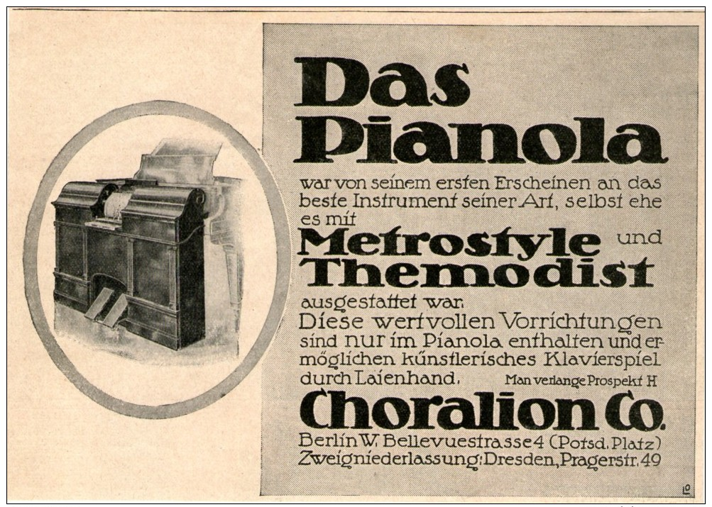 Original-Werbung/Inserat/ Anzeige 1912 - CHORALION PIANOLA - Ca. 180 X 130 Mm - Werbung