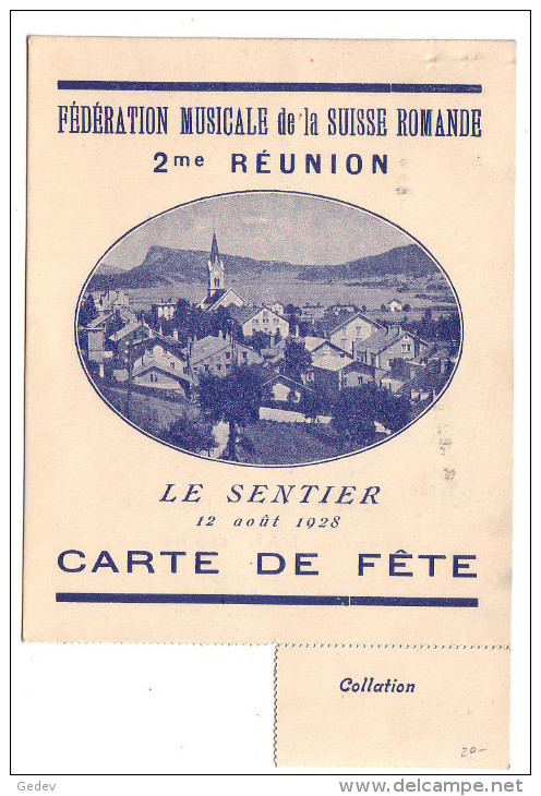 Le Sentier, Carte De Fête Et Programme, Fédération Musicale De Suisse Romande 12.8.1928 - Programmes