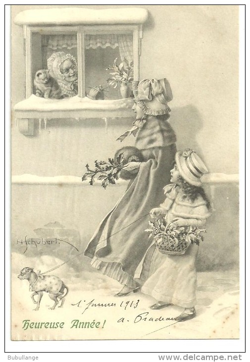 CPA  Illustration H.Schubert, Femme, Petite Fille, Chien En Laisse,neige, Grand-mère, Chat, Houx, M.M.Vienne,1913 - Schubert