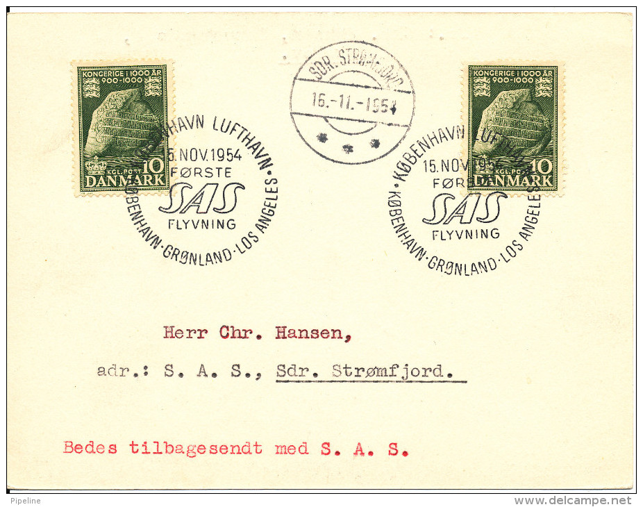 Denmark Card First SAS Flight Copenhagen Greenland - Los Angeles 15-11-1954 With Sdr. Strömfjord Postmark 16-11-1954 - Covers & Documents