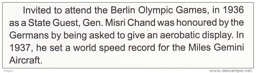 Information On Mj Gn. Dewan Misri Chand, Aviation, Airplane Air Race, Sport, Berlin Olympic 1936 Guest, 2009 - Sommer 1936: Berlin