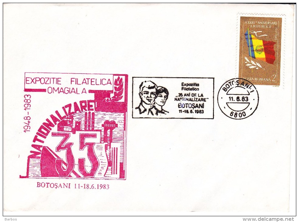 Romania  , Roumanie , 35 Years After Nationalization , 1983  , Coat  , Flag  , Special Cancell - Postmark Collection