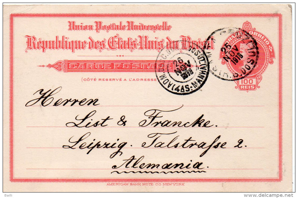 BRESIL ENTIER POSTAL POUR L'ALLEMAGNE 1918 - Enteros Postales