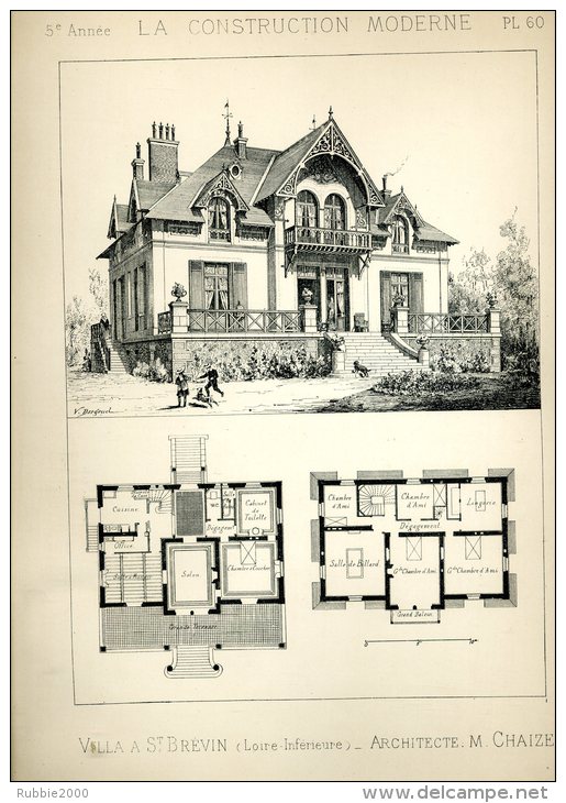 PLANCHE ARCHITECTURE VERS 1880 VILLA A SAINT BREVIN LOIRE ATLANTIQUE ARCHITECTE CHAIZE EN TRES BON ETAT - Architecture