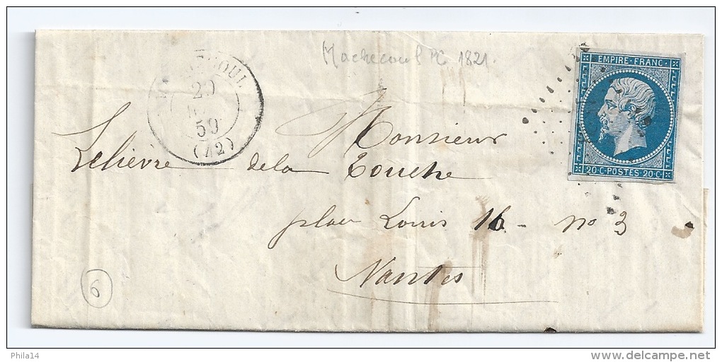 N° 14 BLEU NAPOLEON SUR LETTRE MACHECOUL LOIRE INFERIEURE POUR NANTES / 20 AVRIL 1859 - 1849-1876: Période Classique