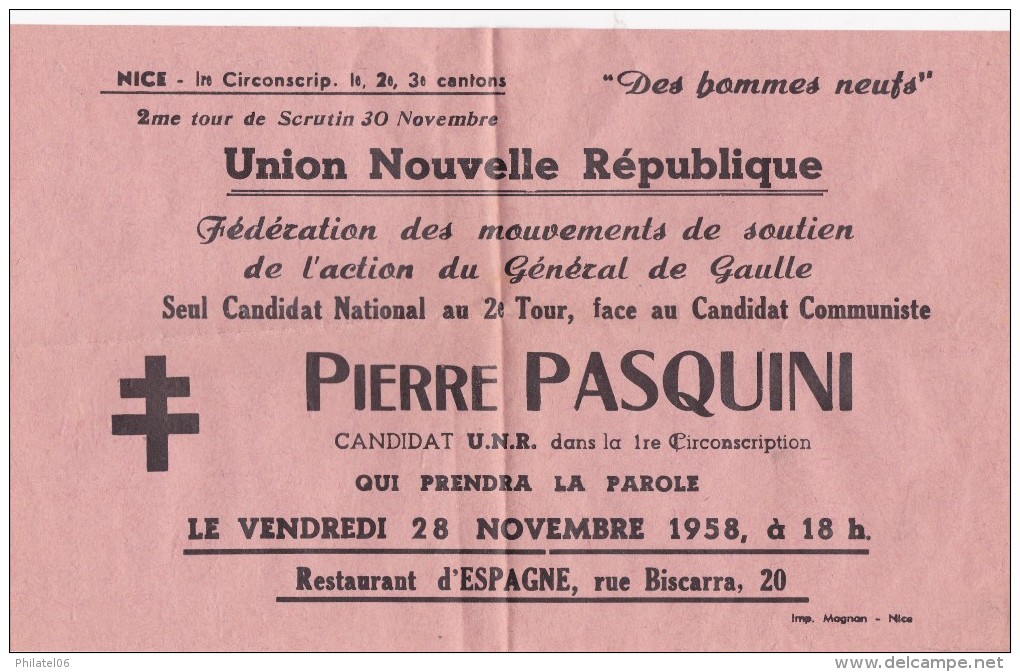 NICE  1958  GAULLISME  PIERRE PASQUINI  DE GAULLE - Publicités