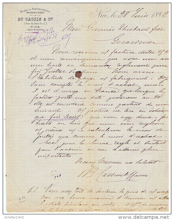 BLANC ET AMEUBLEMENTS TAPISSERIE SIEGES  Bin CASSIN & Cie à NICE 1882 - 1800 – 1899
