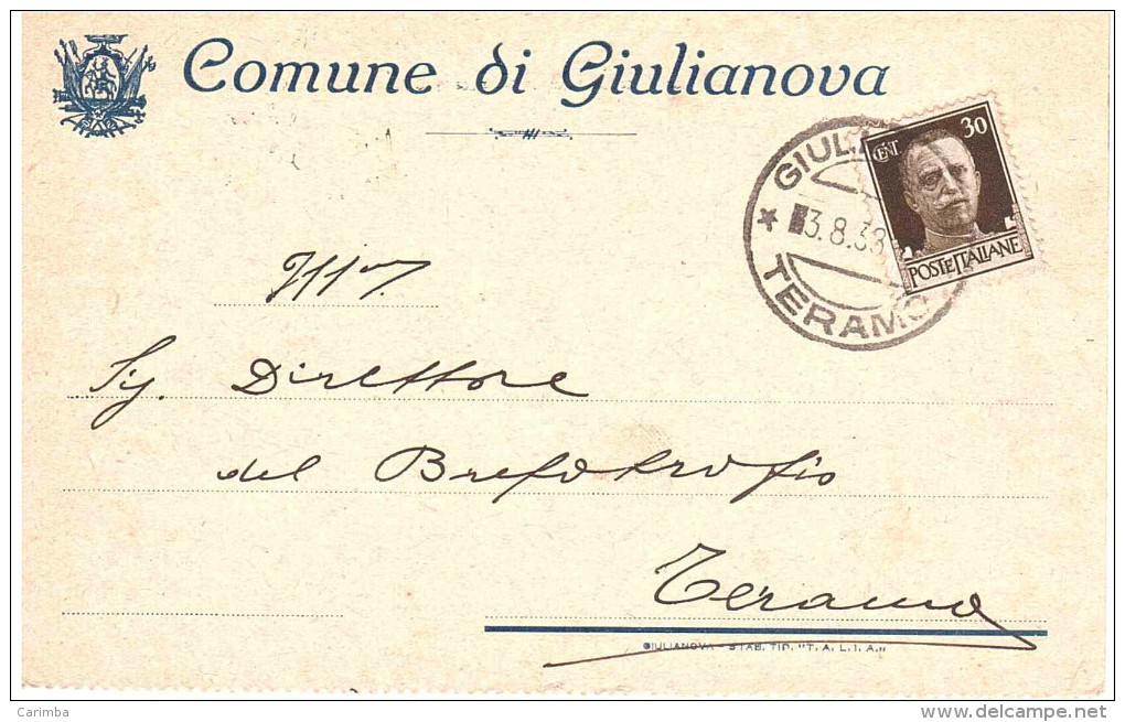 1938 CENT.30 SU CP DEL COMUNE DI GIULIANOVA - Storia Postale