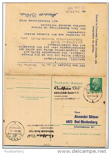 DDR P77 Postkarte Mit Antwort ZUDRUCK #1 Sost. VOLKSHOCHSCHULE DRESDEN 1967 - Cartes Postales Privées - Oblitérées