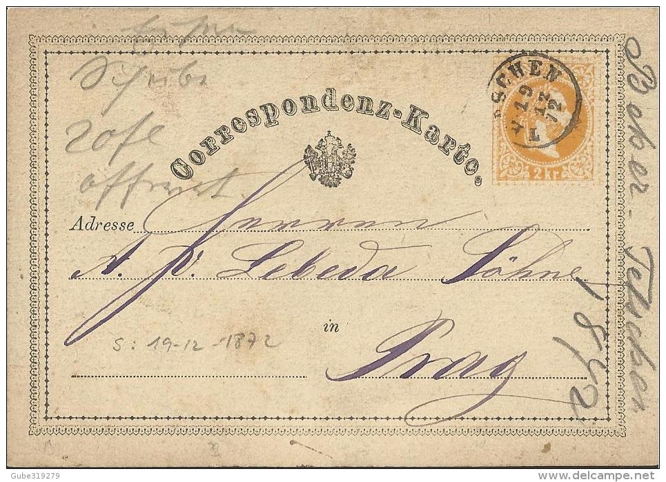 CZECHOSLOVAKIA  1872 - PRESTAMPED POSTAL CARD OF 2 KR POSTM TELSCHEN DEC 19,1872 ADDR TO PRAG REJAL038 - ...-1918 Prefilatelia