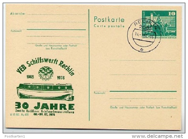 DDR P79-16b-78 C66b Postkarte PRIVATER ZUDRUCK Gelbgrün Schiffswerft Rechlin Stpl. 1978 - Privé Postkaarten - Gebruikt