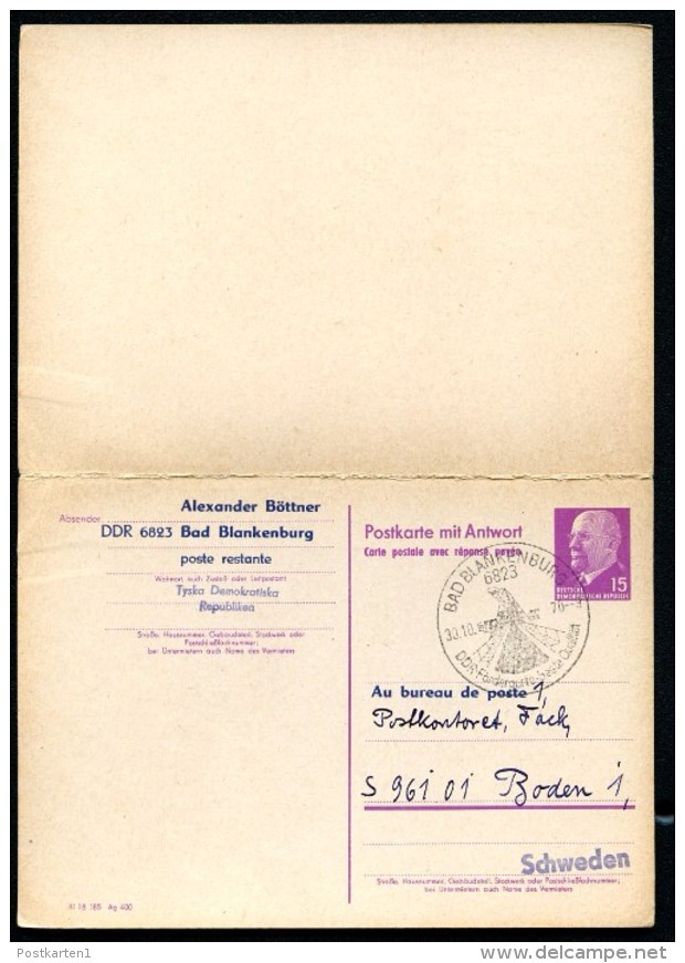 DDR P74 Postkarte ZUDRUCK BÖTTNER# 1 Sost. PHILATELISTENVEREIN BODEN Schweden 1970 - Cartes Postales Privées - Oblitérées