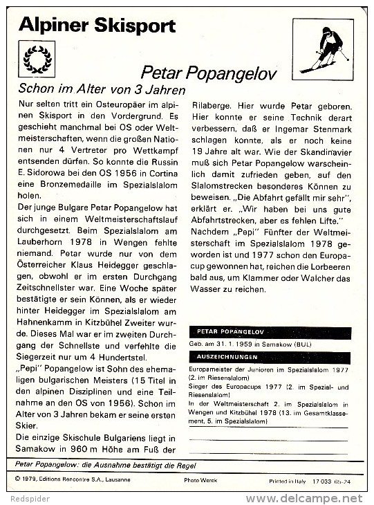 SKI ALPIN-ALPINE SKIING-SCI ALPINO, Sammelkarte /Trading Card, 16x12cm, 1977-79, Ed. Rencontre, Lausanne - Sport Invernali