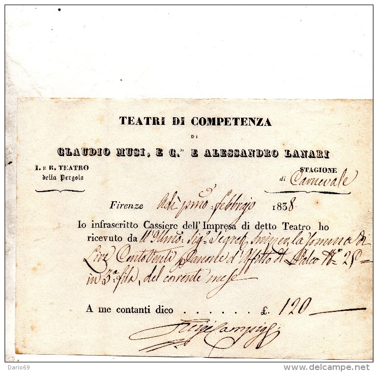 1838 TEATRO DELLA PERGOLA - Biglietti D'ingresso