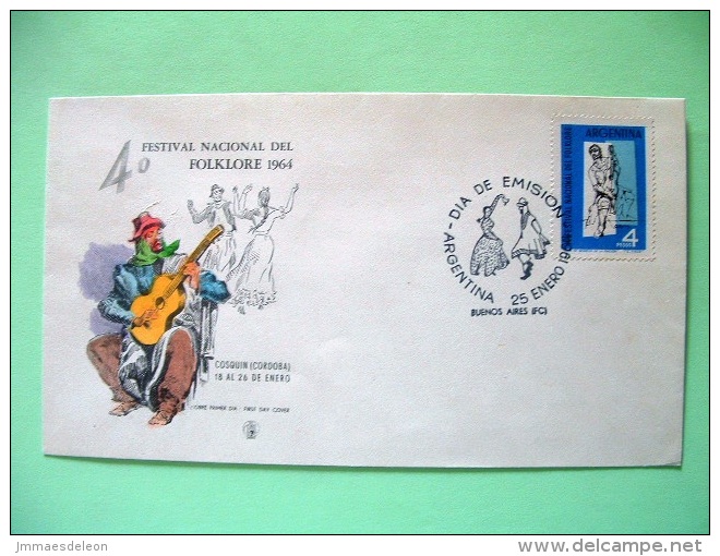 Argentina 1964 FDC Cover - Folklore Festival - Clown Music Guitar Dance Cancel - Cartas & Documentos