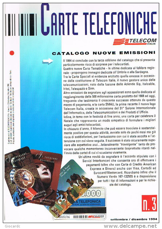 TELECOM ITALIA  -  CATALOGO N. 3 NUOVE EMISSIONI SCHEDE TELEFONICHE 1994   (PAGINE 12) - Kataloge & CDs