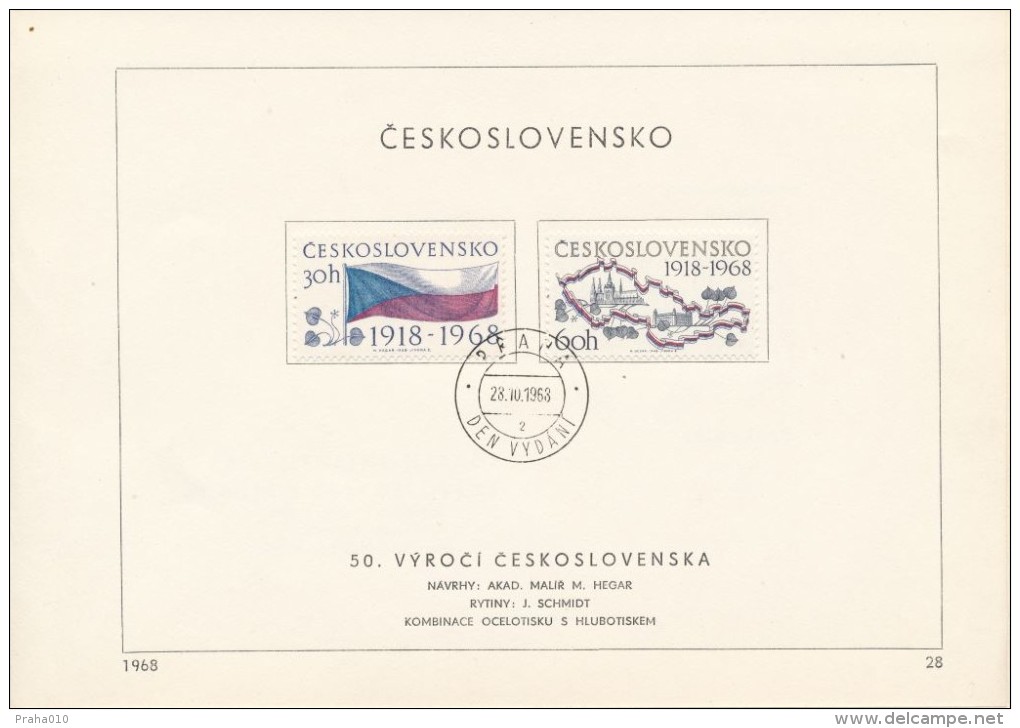 Czechoslovakia / First Day Sheet (1968/28) Praha (2): 50th Anniversary Of Czechoslovakia 1918-1968 (painter: M. Hegar) - WW1