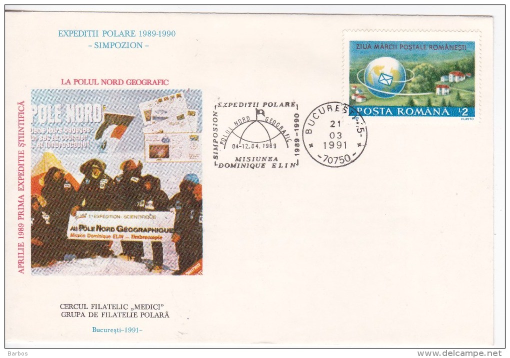 Romania  ; 1991  ; Expedition To The North Pole   ; Dominique Mission Elin ; Special Cancel - Explorateurs & Célébrités Polaires