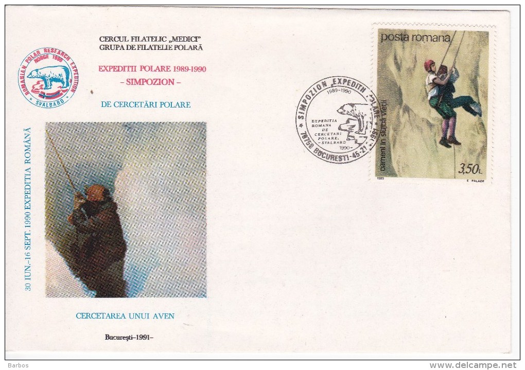 Romania  ; 1991  ; Expedition To The North Pole   ; Svalbard ; Polar Bear  ; Special Cancel - Polarforscher & Promis