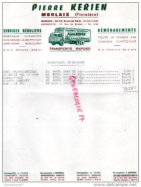 29 - MORLAIX - FACTURE TRANSPORT- PIERRE KERIEN -20-22 ROUTE DE PARIS - 27 RUE DE BREHAT- CAMION - Transports