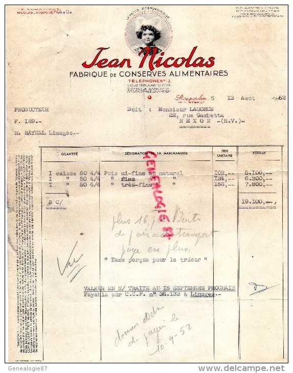 29 - ROSPORDEN  - FACTURE FABRIQUE CONSERVES ALIMENTAIRES- ETS JEAN NICOLAS & FILS- 1952  CONSERVERIE - 1900 – 1949