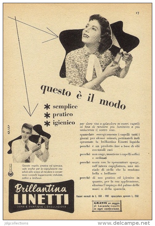 # BRILLANTINA LINETTI, ITALY 1950s Advert Pubblicità Publicitè Reklame Hair Fixer Fixateur Cheveux Fijador Haar - Sin Clasificación