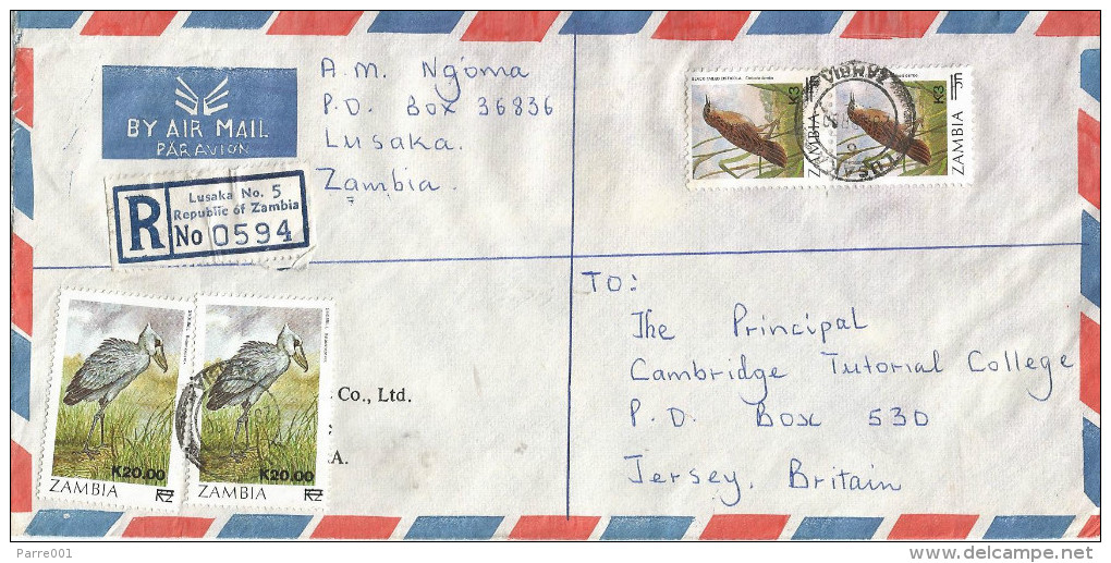 Zambia 1990 Lusaka 5n Overprinted K3 Cisticola Bird K2 Overprinted K20 Shoebill Registered Cover - Zambia (1965-...)