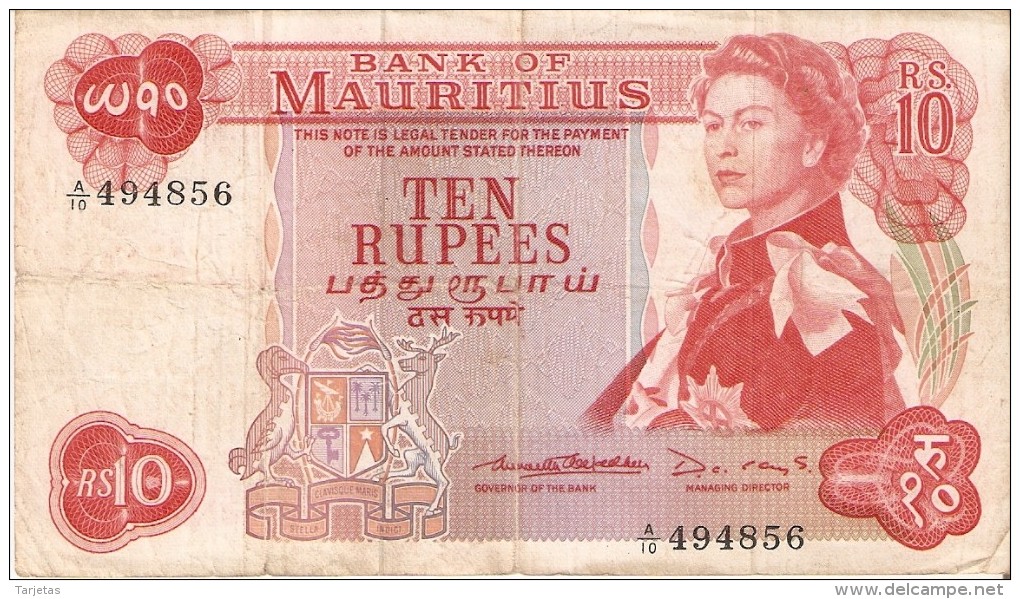 BILLETE DE MAURITIUS DE 10 RUPIAS DEL AÑO 1967  (BANKNOTE) - Maurice
