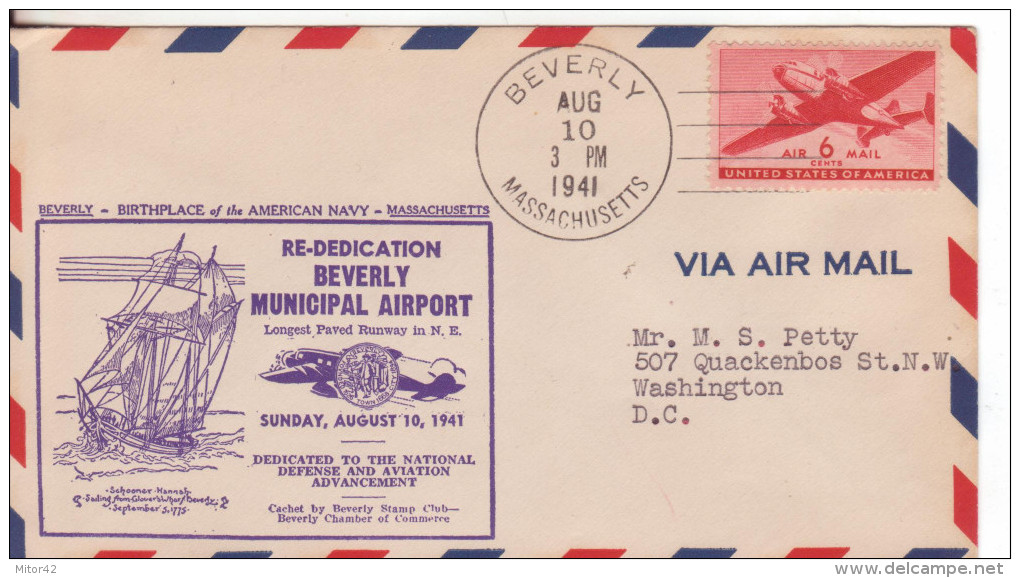 15-Stati Uniti-U.S.A.-6c. Posta Aerea-Air Mail-Aeroporto-Municipal Airport  Sunday August 10-1941-Beverly-Massachusetts - 2a. 1941-1960 Oblitérés