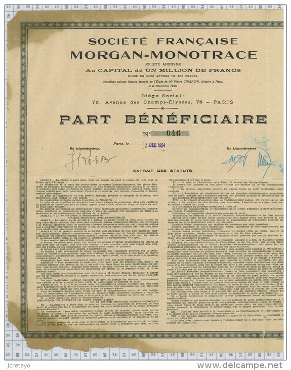 Fabrication De Motocyclettes Morgan-Monotrace, Tirage De 500 Parts Bénéficiaires, Tres Rare! - Automobile