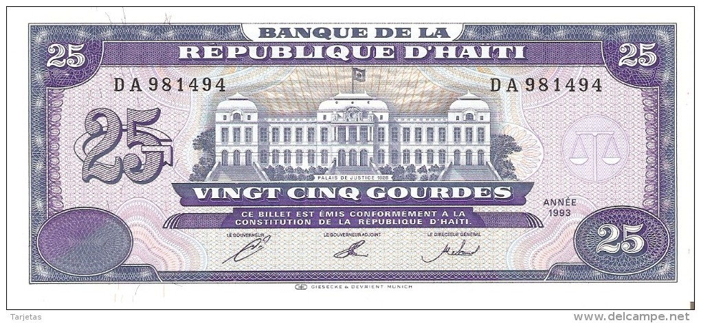 BILLETE DE HAITI DE 25 GOURDES DEL AÑO 1993   (BANK NOTE) SIN CIRCULAR-UNCIRCULATED - Haiti