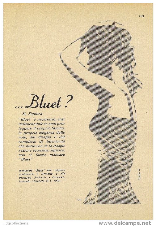 # BLUET DEODORANTE MANETTI & ROBERT´S 1950s Advert Pubblicità Publicitè Reklame Deodorant Desodorante Beautè - Non Classificati
