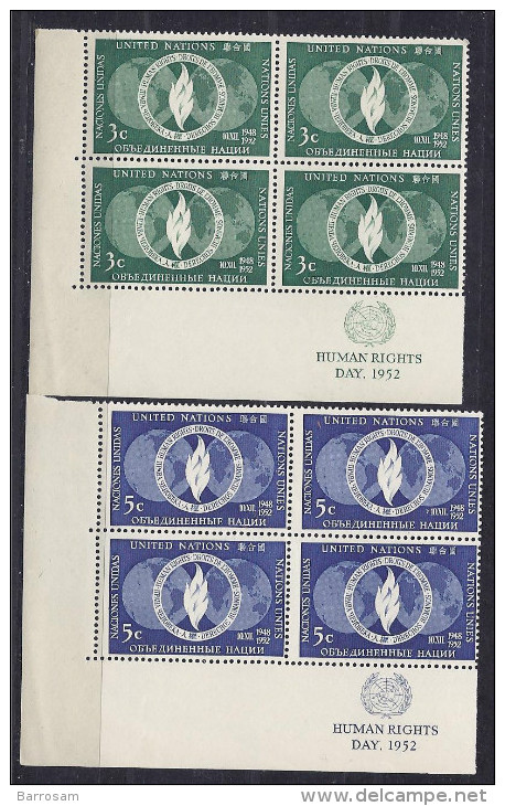 UnitedNations(New York)1952: HUMAN RIGHTS Yvert13/14mnh**Blocks Of 4 - Ongebruikt