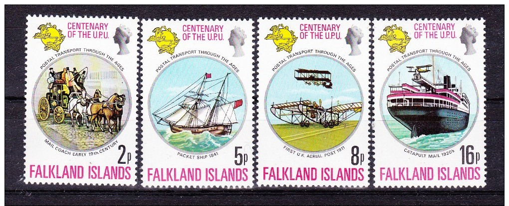FALKLAND ISLANDS   1974, U P U  Centenary   Y&T #  225/8  ,  Cv  3.00 E  ,  **  M N H , V V F - Falkland