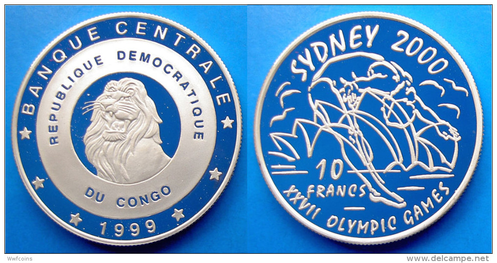 CONGO 10 F 1999 ARGENTO PROOF XXVII OLYMPIC GAMES SYDNEY 2000 TUFFO PESO 25,31g TITOLO 0,925 CONSERVAZIONE FONDO SPECCHI - Congo (Repubblica Democratica 1998)