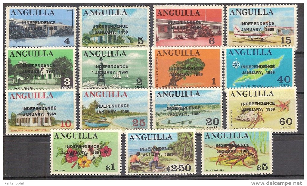 ** 1969 ANGUILLA OVERPRINT  INDIPENDENCE 15 VAL. MNH - Anguilla (1968-...)