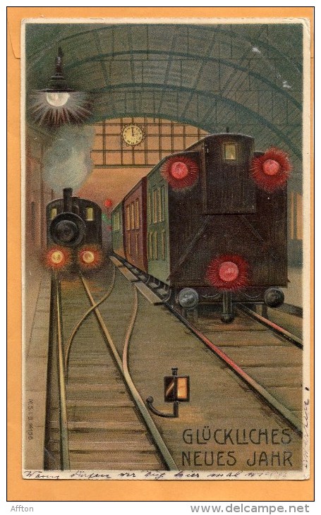 Railroad Engine New Year 1905 Postcard - Brodées