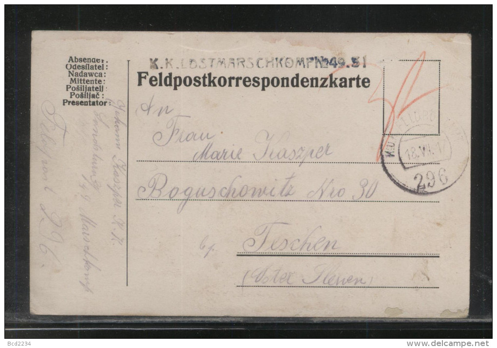 AUSTRIA HUNGARY FELDPOST 296 POSTED 18.VII.1917 KK LDSTMARSCHKOMANIE 49-51 - Guerre Mondiale (Première)