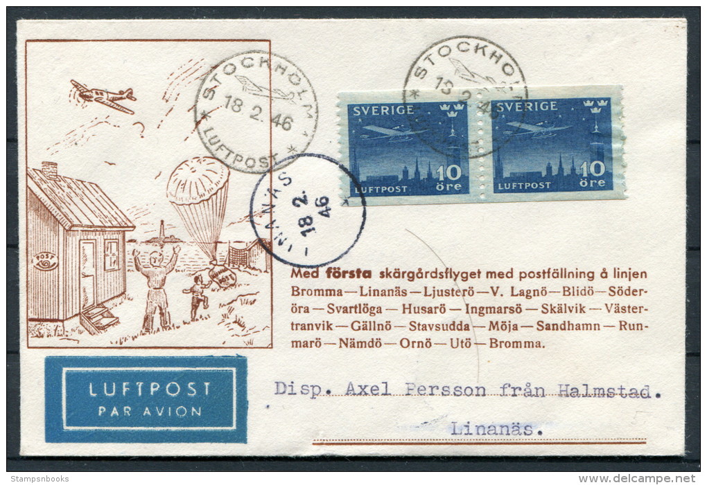 Sweden 1946 Stockholm Linanas Flight Parachute Airmail Luftpost Cover - Briefe U. Dokumente