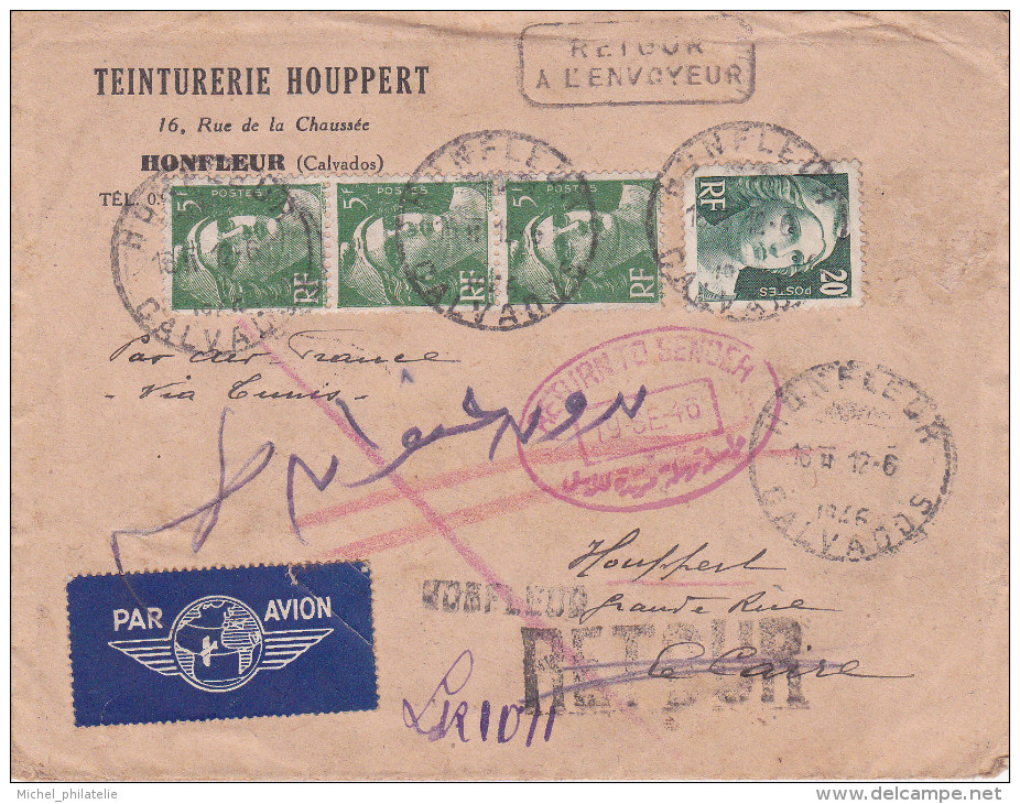 Honfleur Pour Le Caire, Retour à L'envoyeur - 1960-.... Lettres & Documents