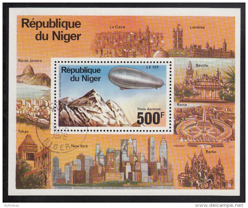 Niger Used Scott #C278 Souvenir Sheet 500fr LZ 127 Zeppelin Over Swiss Alps - 75th Anniversary Of Zeppelin - Niger (1960-...)