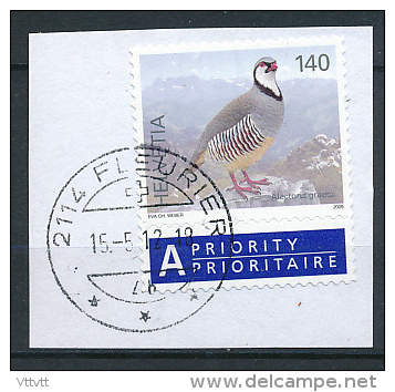 HELVETIA, SUISSE (2009), Oiseaux, Perdrix, Alectoris Graeca, Sur Fragment, Cachet Fleurier, Prioritaire, Priority - Patrijzen, Kwartels