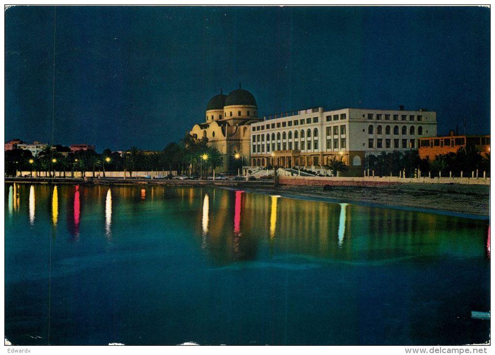 Cathedral And Berenice Hotel, Benghazi, Libya Postcard Used Posted To UK 1965 Nice Stamps - Libya