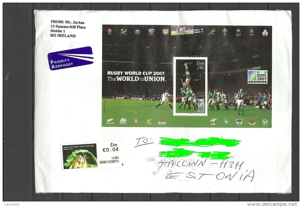 IRLAND IRELAND 2007 Block RUGBY World Cup On Cover Sent To Estonia Estland 2013 - Rugby