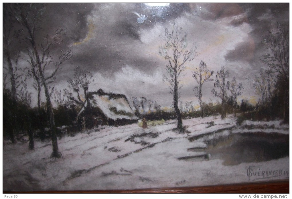 F.GUERANGER Fils,né à ANGERS,6 Bis Rue Grandet,deux Pastels.soirée D´hiver Dans La Somme.logis D´adam.20 X 14 Cm.chaque. - Pastels