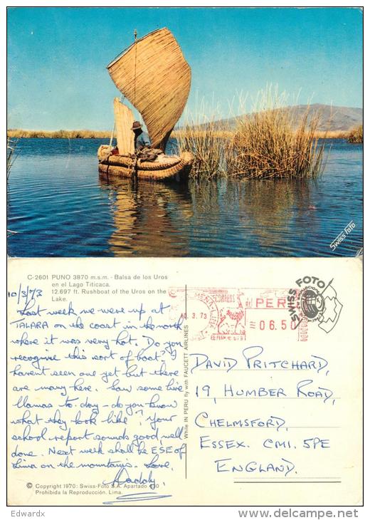 Puno Oros Rushboat, Lake Titicaca, Peru Postcard Used Posted To UK 1973 Meter - Peru