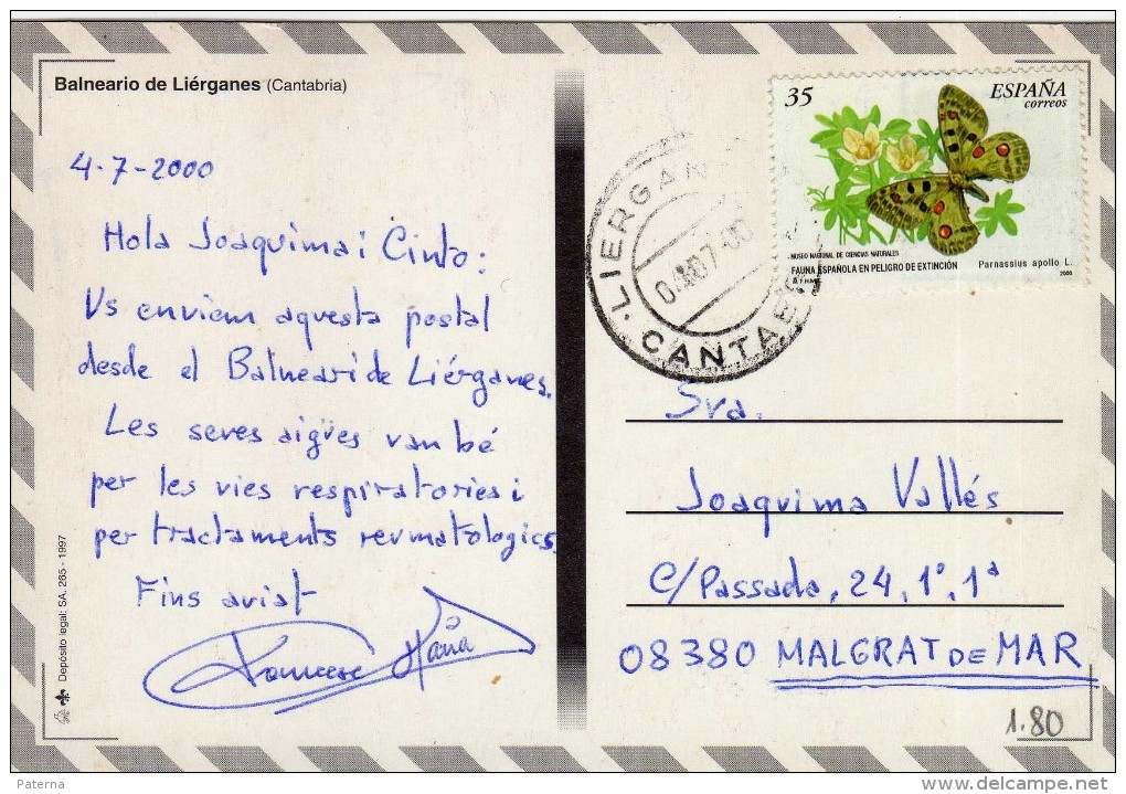 R  407 Postal Lierganes Cantabria 2000 Balneario, Aguas  Termales,thermas Mariposa - Cartas & Documentos