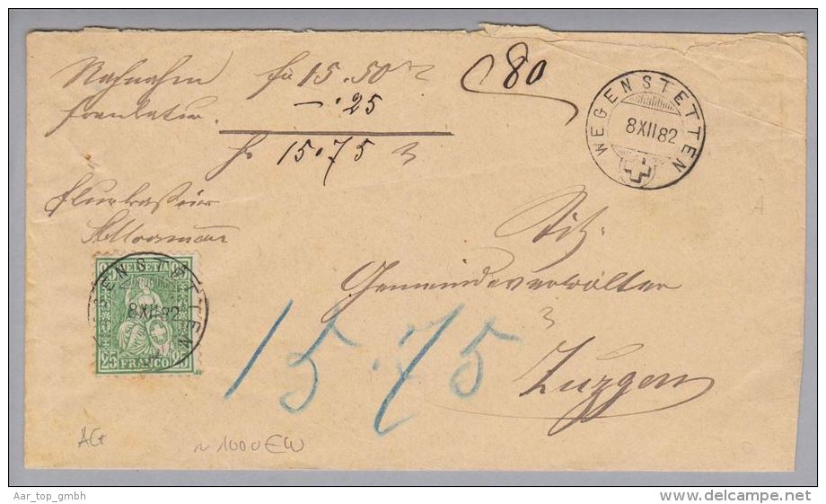 Heimat AG Wegenstetten 1882-12-08 NN-Brief Nach Zuzgen 25Rp. Sitzende Helvetia - Storia Postale