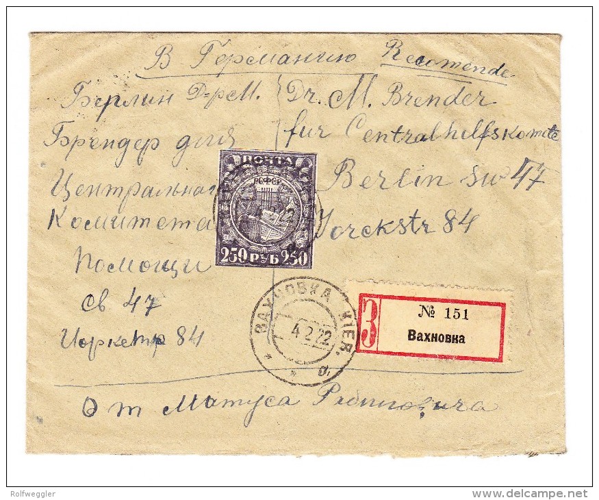 Russland - 1922 R-Brief Aus KIEW Nach BERLIN  10.000 R Frankatur - Lettres & Documents